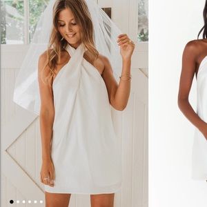 Jasmine Halter Mini Dress in Ivory Luxe Satin - Show Me Your Mumu